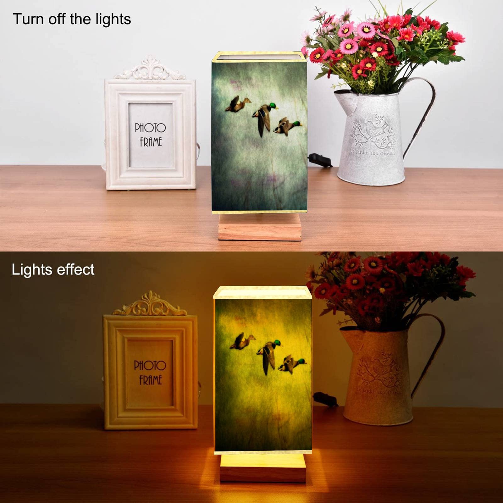 Modern Small Table Desk Lamp with Solid Wood Base & Flaxen Fabric Shade - Bedside Nightstand Lamp Featuring Flight of Mallard Ducks Design for Bedroom, Living Room, Office | Perfect Gift & Cozy Reading Light