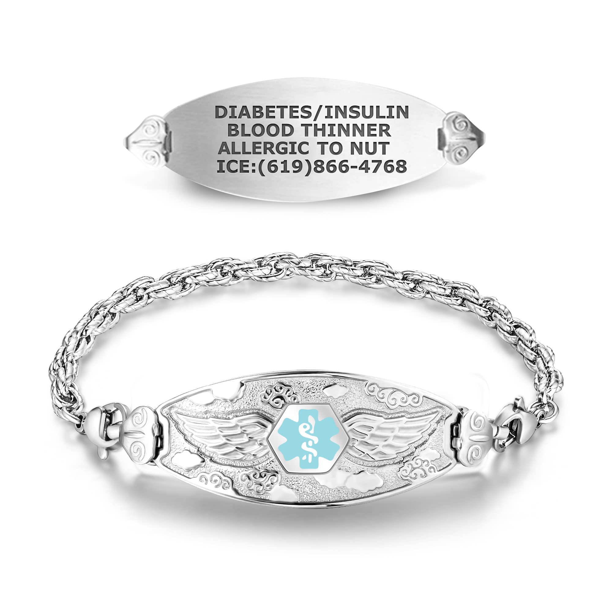 Divoti Custom Engraved Medical Alert Bracelets for Women - Stainless Steel Medical ID Bracelet with Free Engraving - Angel Wing Tag with Rope - Adjustable Sizing & Color Options - Perfect for Emergency Medical Identification & Everyday Wear