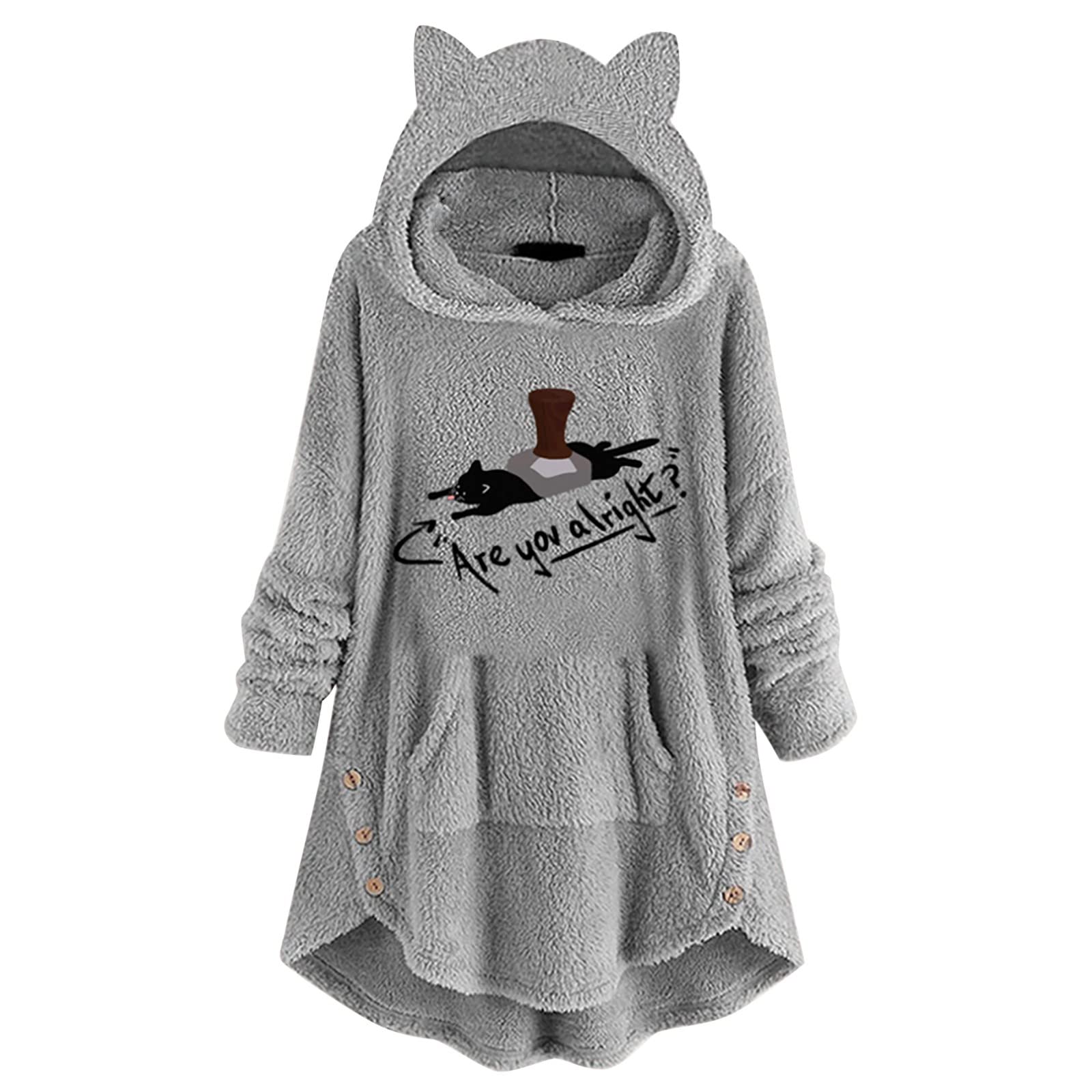 Women's Fleece Hoodie with Cat Pockets & Printed Sleeves - Cute Long Pullover with Button Details - Perfect for Casual Wear, Outdoor Activities, and Cat Lovers