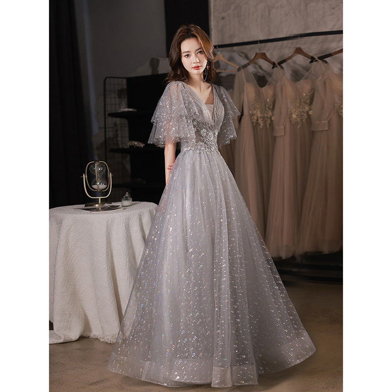 Elegant Gray Sparkly Long Prom Dress with Mid Sleeves - Perfect for Evening Gala, Homecoming Dance & Formal Events
