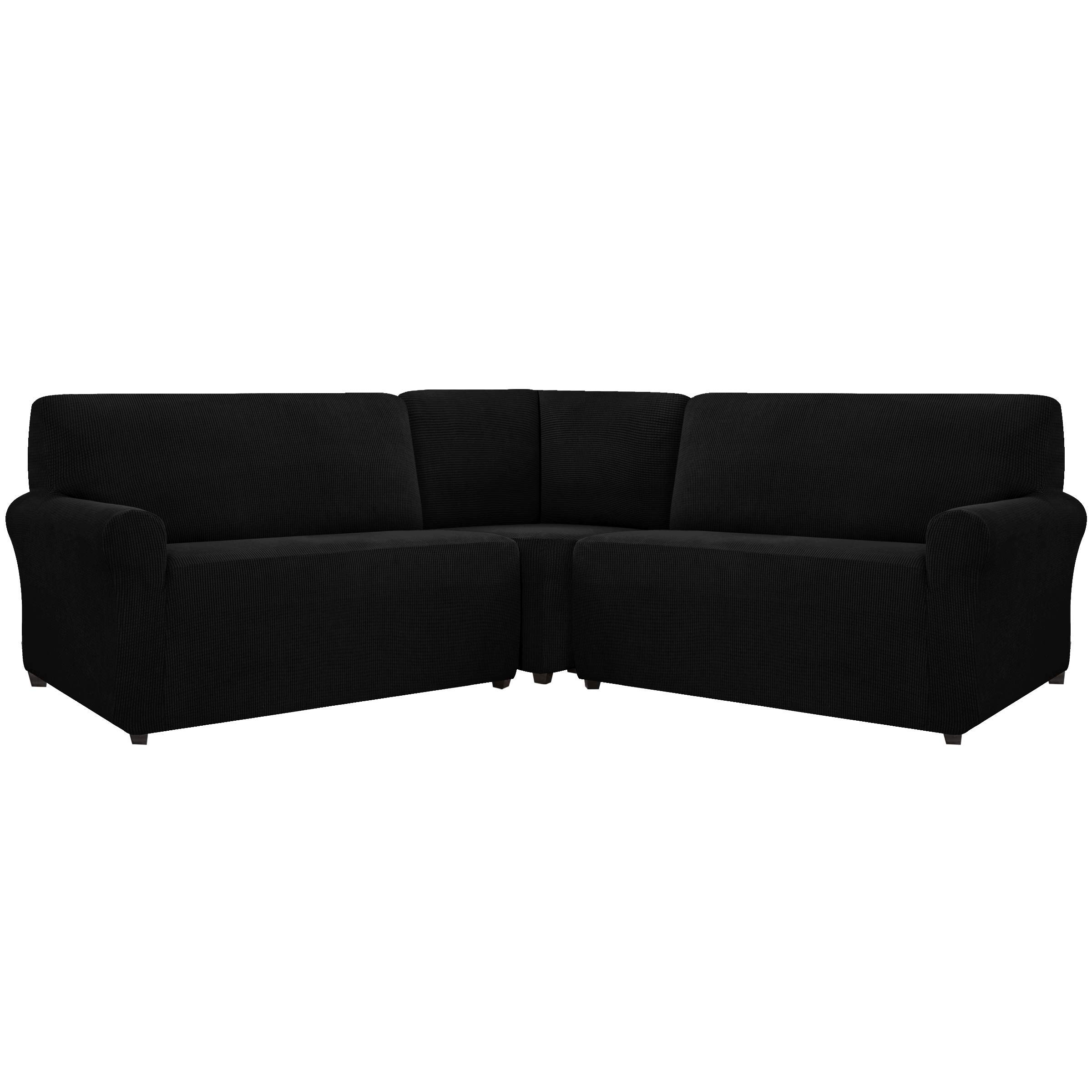 CHUN YI 3-Piece Stretchable Corner Sofa Slipcover Set - Washable Elastic Couch Cover for Sectional, Armchair & Living Room Furniture (Black) - Perfect for Home Decor, Pet Protection & Furniture Refresh
