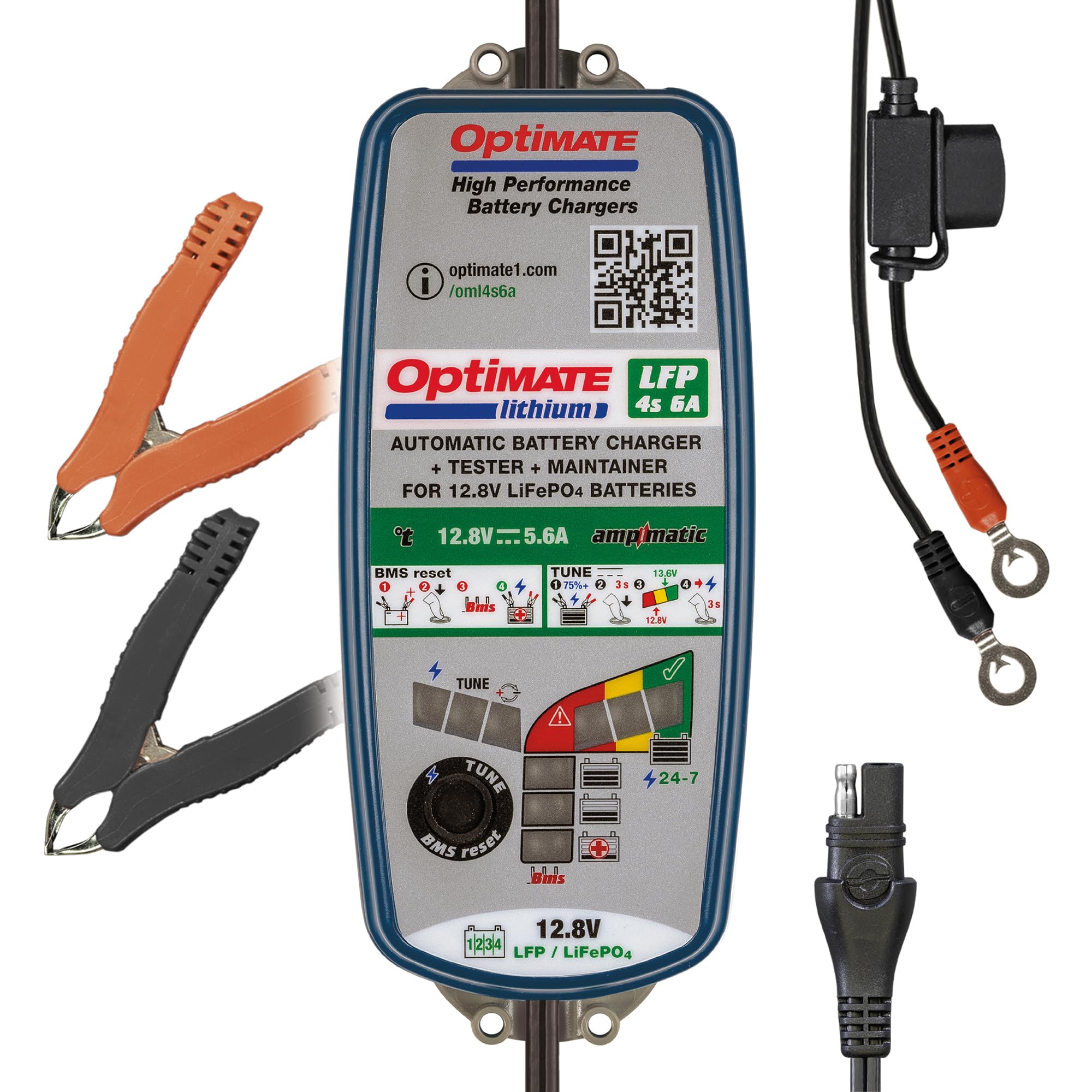 OptiMate Lithium 4s 6A Battery Charger & Maintainer - 12.8V 10-Step Smart Charging for Motorcycle, ATV, Jet Ski & Marine Batteries - TM391 Model (Blue/Green) - Perfect for Winter Storage & Long-Term Battery Maintenance