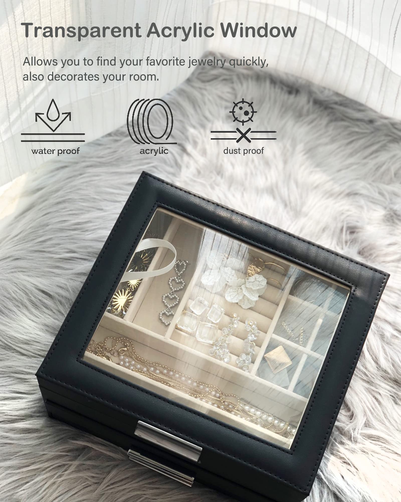 3-Layer Large Jewelry Organizer Box with Clear Top - Earrings, Rings & Necklace Storage for Women | Modern Gift for Women, Girls & Mom | Perfect for Birthday, Wedding & Travel Accessories Organization (Black)