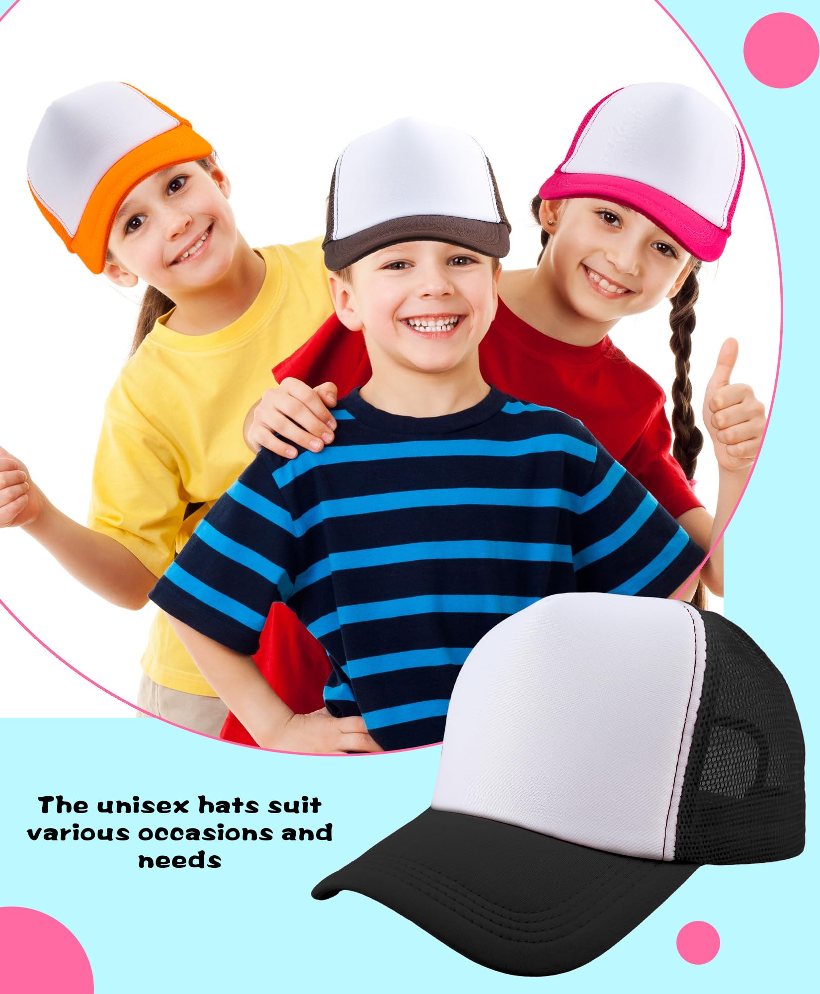 SGBETTER 18 Pack Kids DIY Sublimation Blank Trucker Hats - Adjustable Mesh Baseball Caps for Boys & Girls - Perfect for Summer Outdoor Sports, Crafts, and Custom Designs