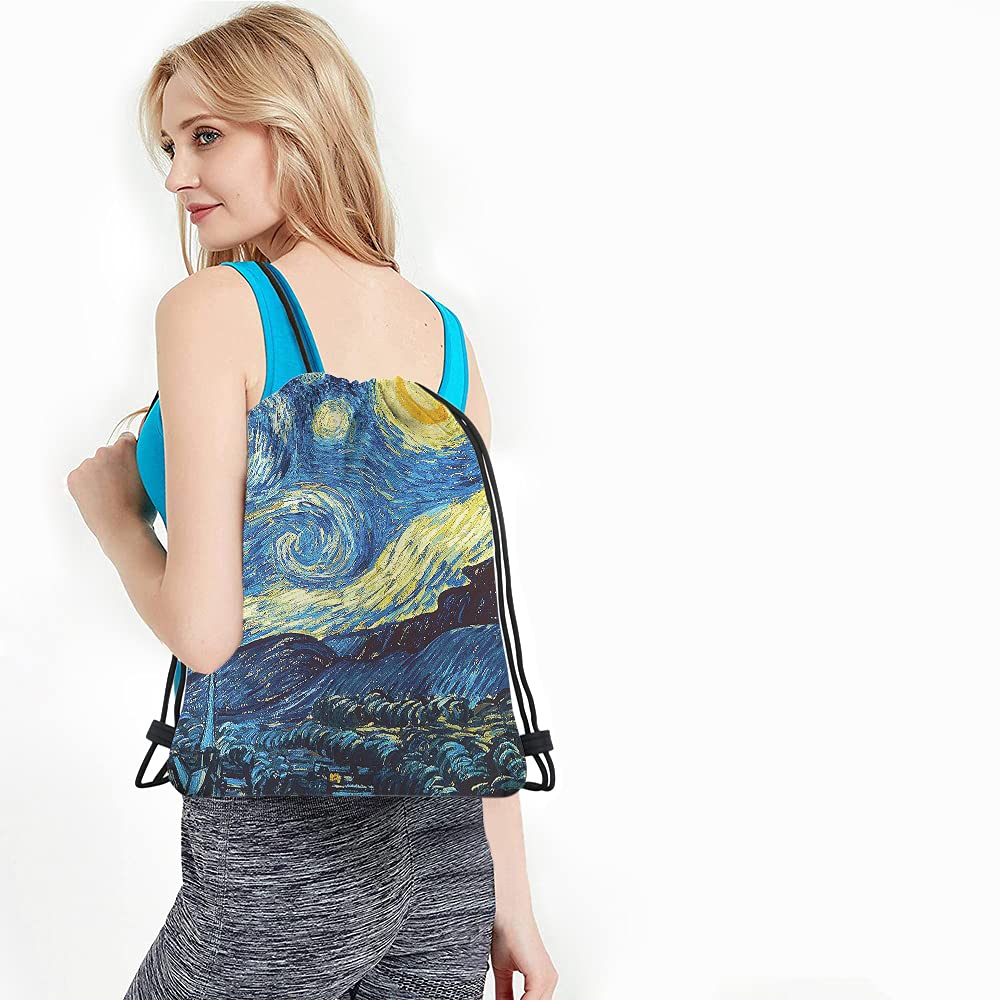 Van Gogh Starry Night Backpack - Classic Art Painting Drawstring Bag for Gym, Yoga & Travel | Moon & Stars Universe Design | Sport Sack for Men & Women | Perfect for Workouts, Beach & Daily Use