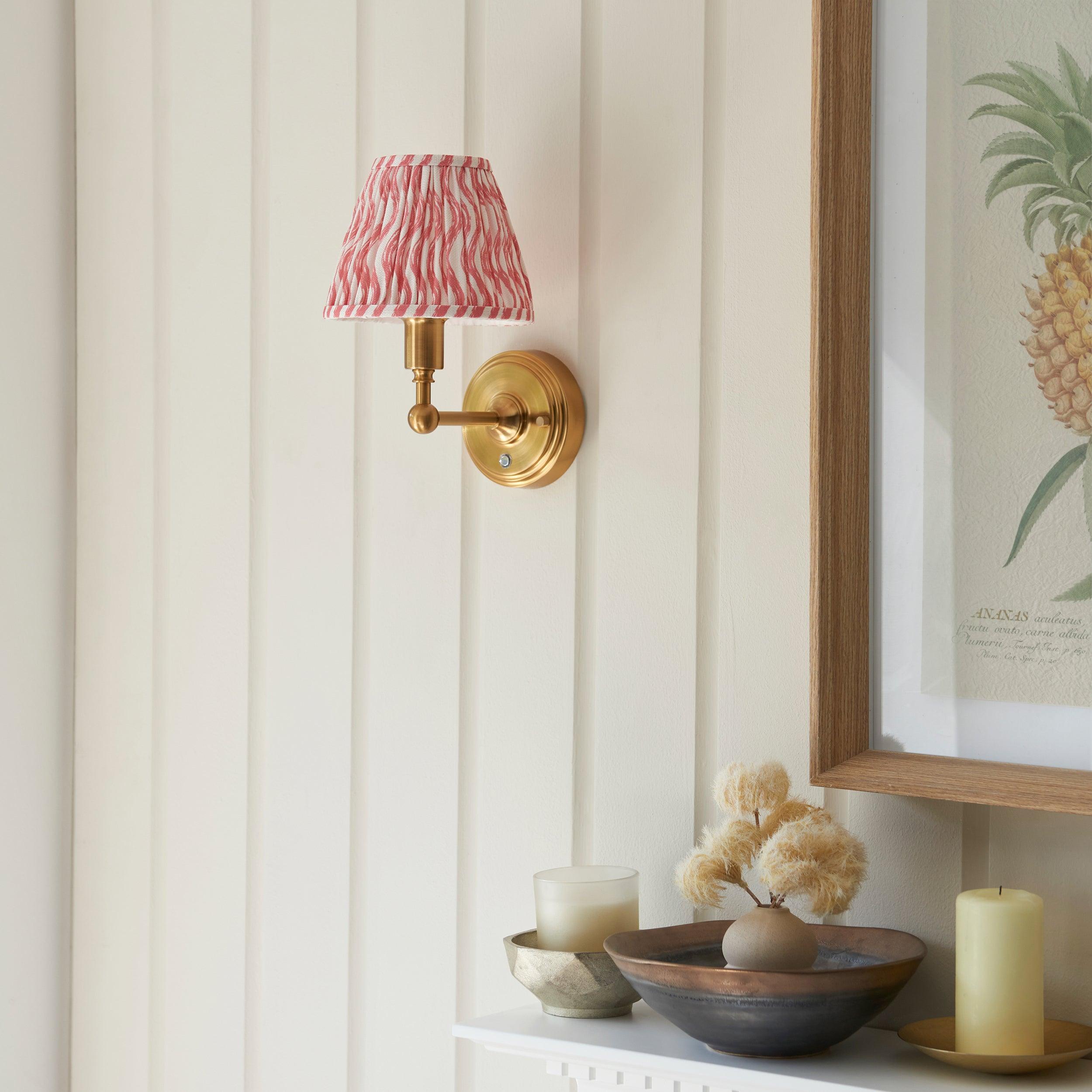 Burley Rechargeable Brass Wall Light with 16cm Coral Pink Ripple Shade - Elegant Indoor Lighting for Bedroom, Living Room, and Hallway