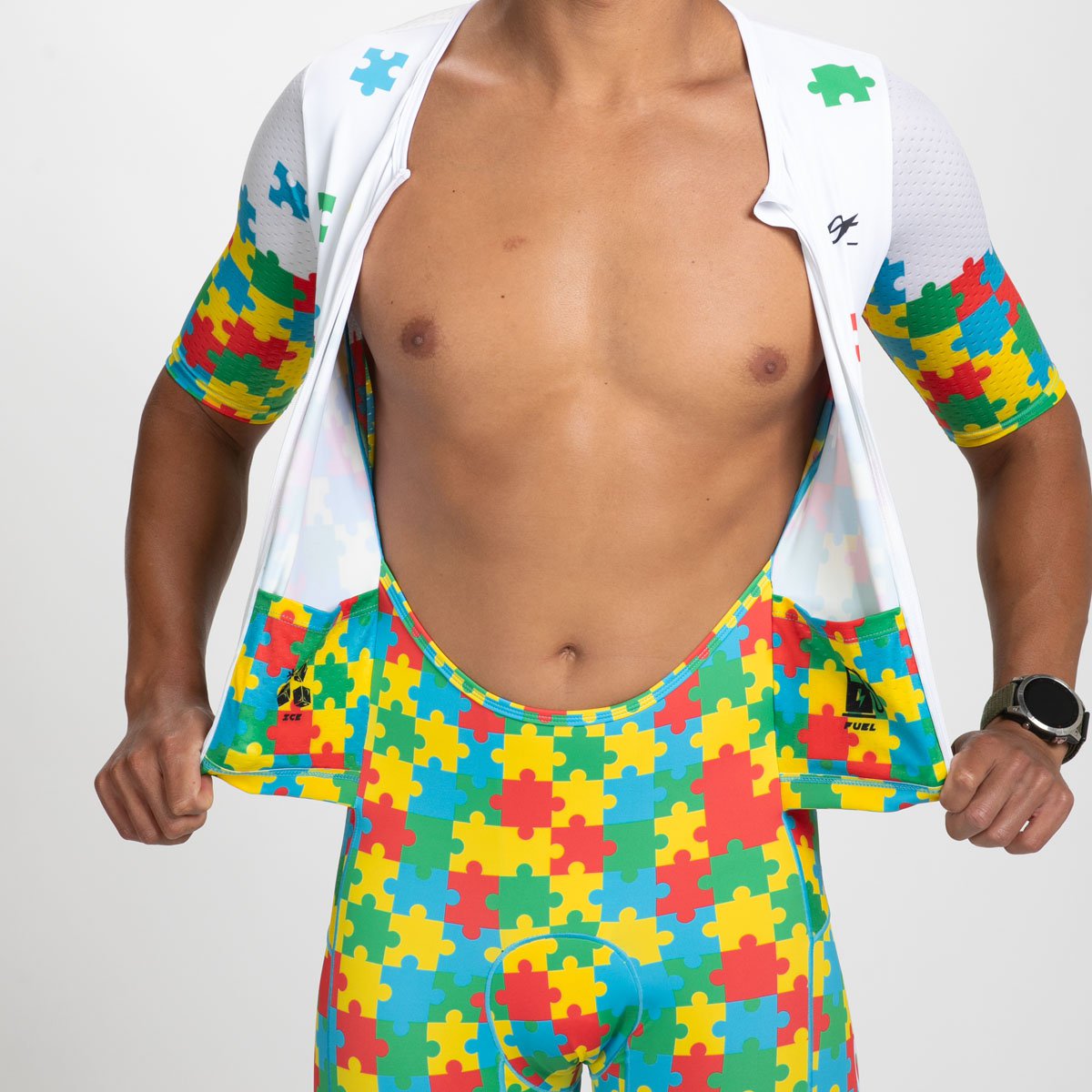Men's Limited Edition Tri Aero FZ Racing Suit with Autism Puzzle Design - High-Performance Motorcycle Gear for Track & Road Racing