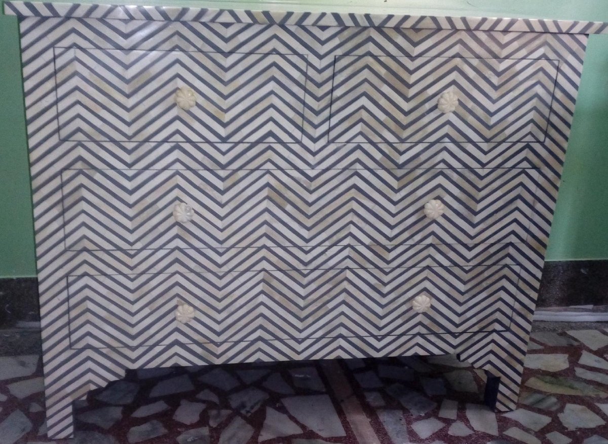 Handmade Bone Inlay Grey Chevron Pattern 4-Drawer Chest - Stylish Storage for Bedroom, Living Room & Office Décor