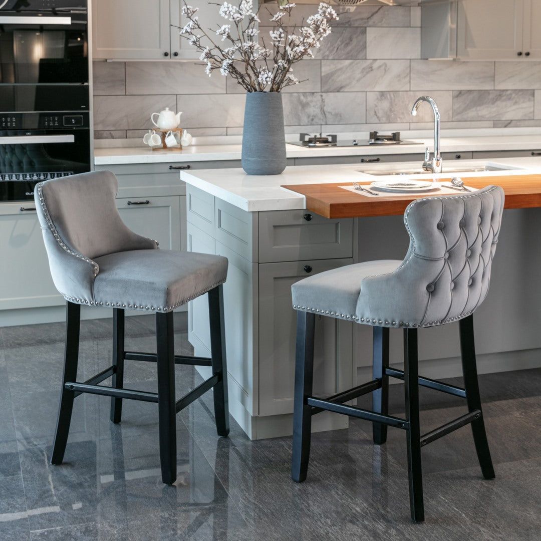 Velvet Upholstered Button Tufted Bar Stools with Wood Legs - Set of 4 Grey Barstools for Kitchen Island, Breakfast Nook & Home Bar Decor