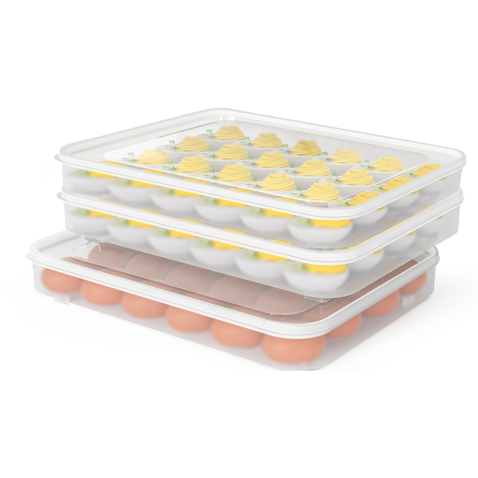 77L Plastic Deviled Egg Containers with Lid (Set of 3) - Stackable Refrigerator Egg Storage for 72 Eggs, Clear Portable Egg Carrier Tray - Perfect for Parties, Picnics, Potlucks & Holiday Gatherings