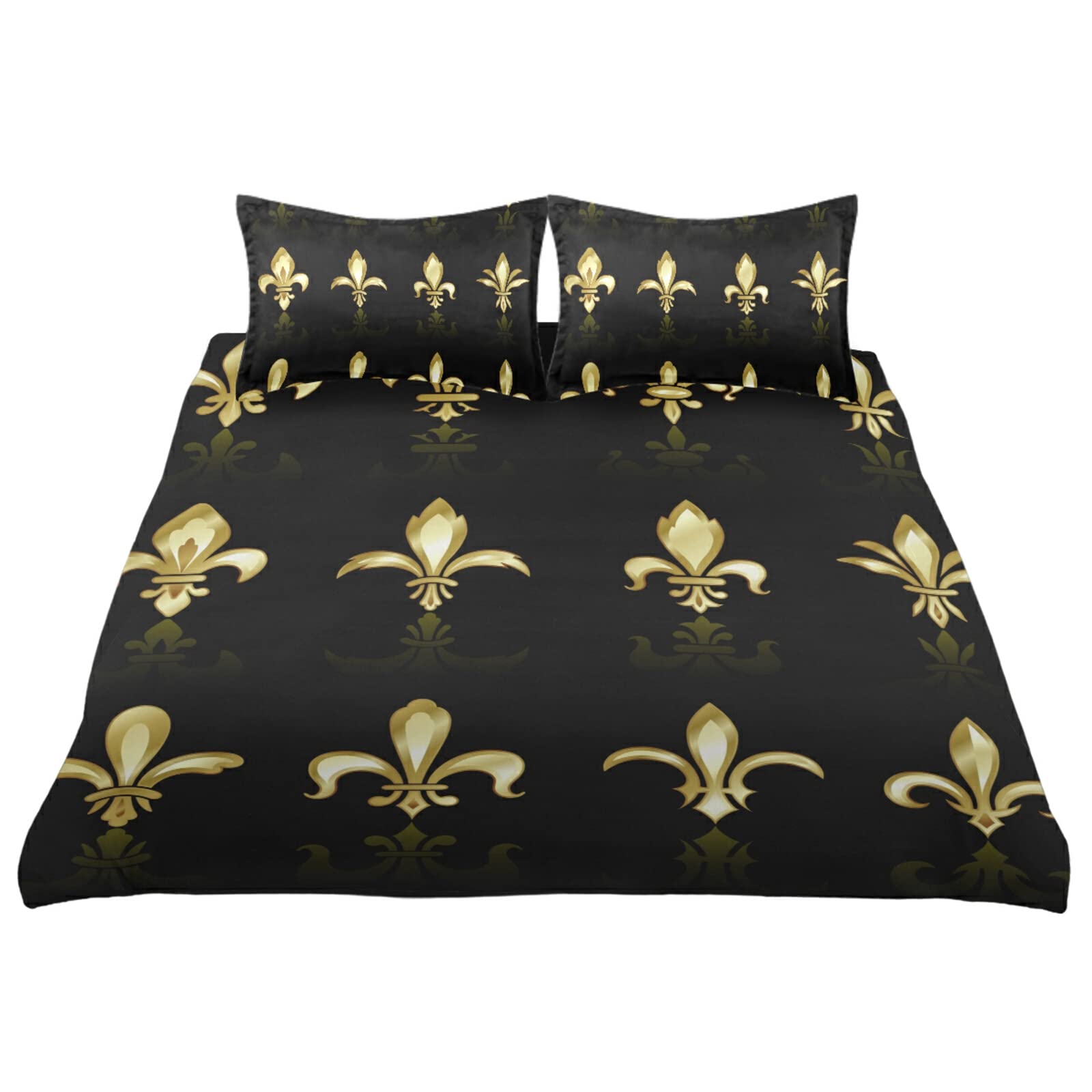 Luxury Gold Fleur De Lis King Size 3-Piece Microfiber Bedding Set - Duvet Cover, Pillowcases & Bedspread for Elegant Bedroom Decor | Perfect for Master Bedroom, Guest Room & Hotel Style Makeover