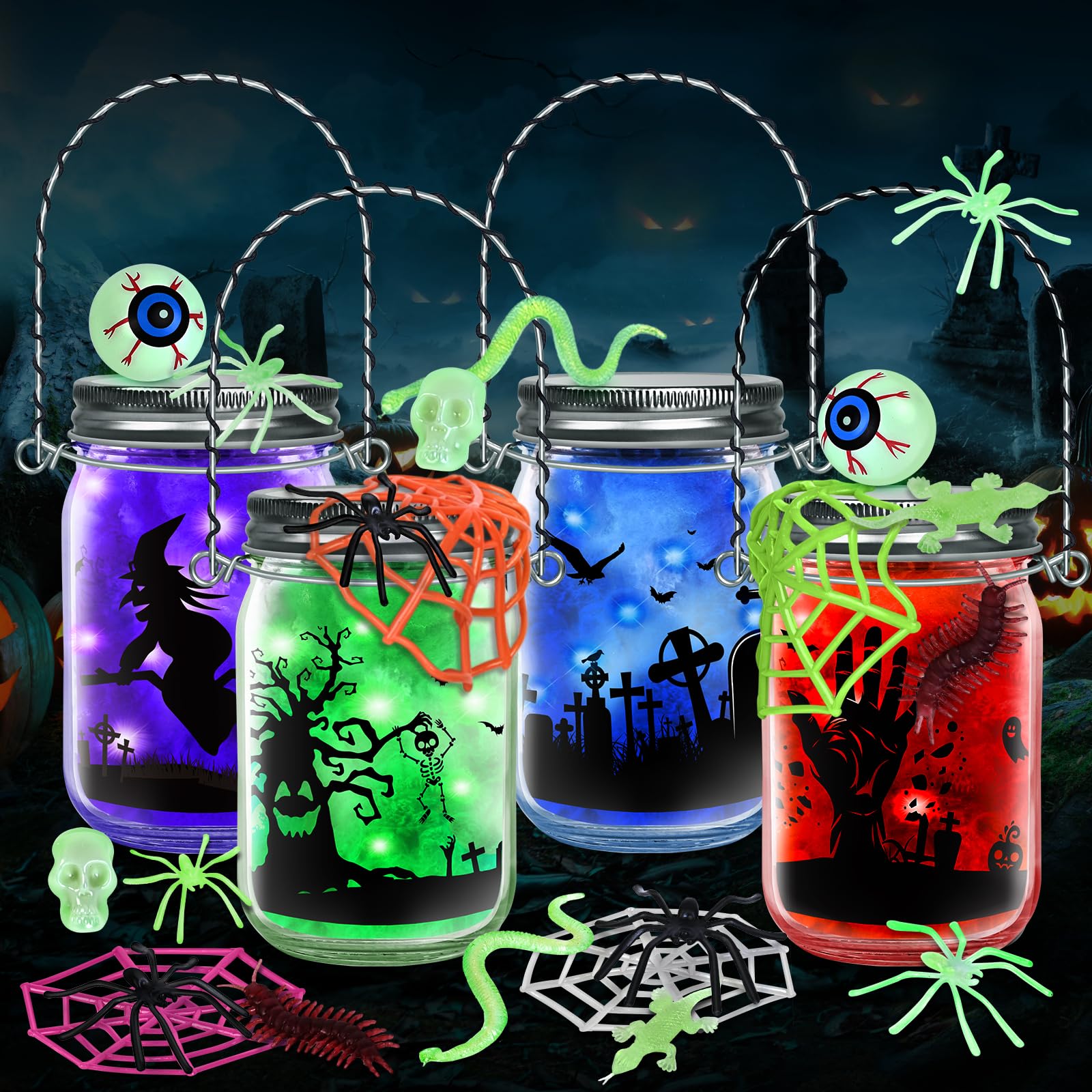 SpringFlower Halloween Craft Kit - 4 Pack Mason Jar Lanterns DIY Supplies for Kids & Adults | Creative Art Activities, Party Decorations & Spooky Home Decor