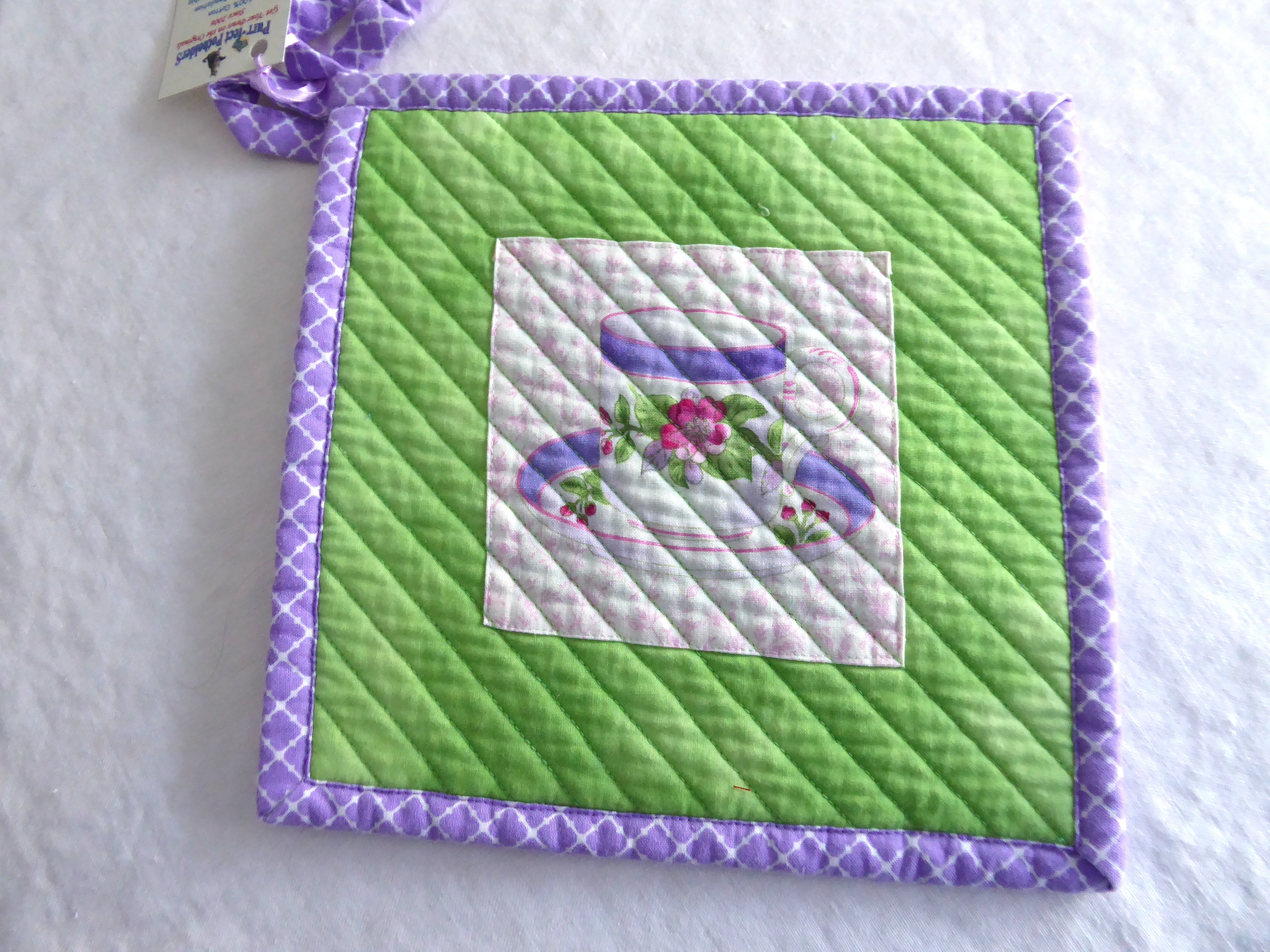 Handmade Purple and Green Teacup Themed Potholders Set of 2 - Heat Resistant Kitchen Accessories for Baking, Cooking & Home Decor - Supports Animal Charity