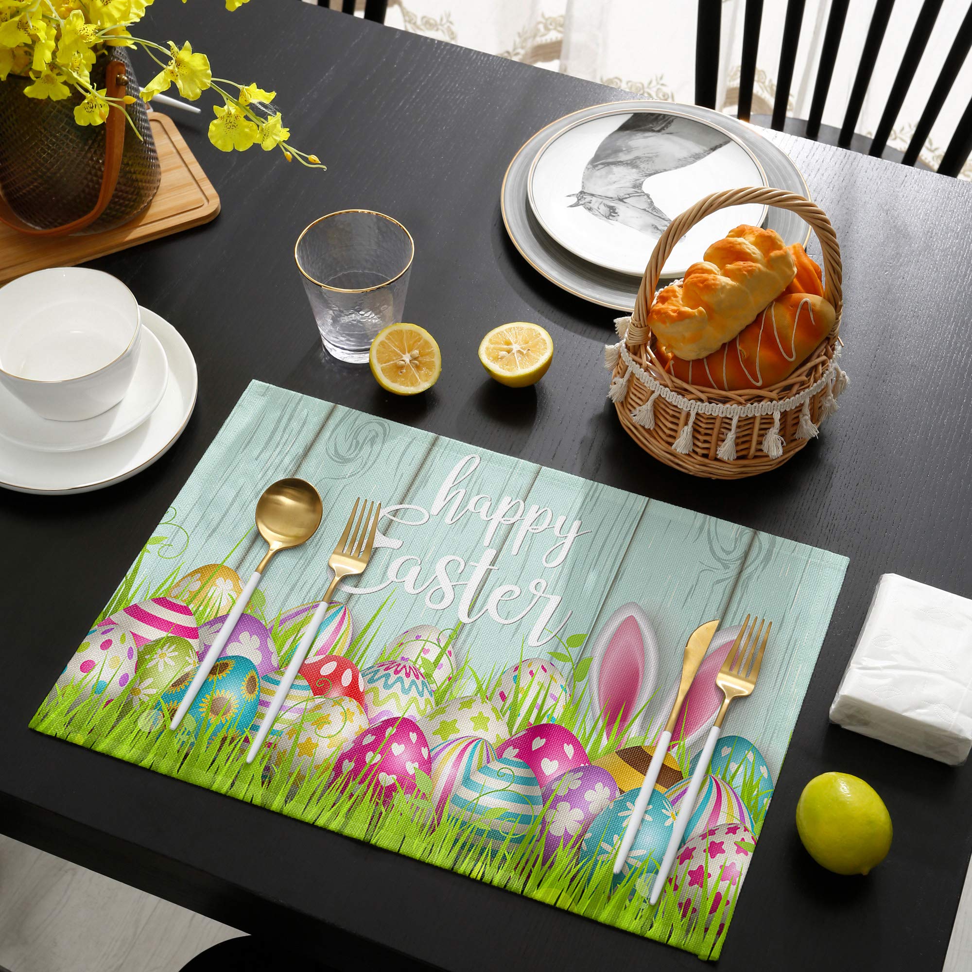 Easter Table Mats Set of 4 - Bunny Ears & Easter Eggs Design - Spring Holiday Cotton Linen Washable Placemats - Wood Grain & Grass Pattern for Dining Table Decor - Perfect for Easter Dinner, Spring Celebrations & Home Decoration
