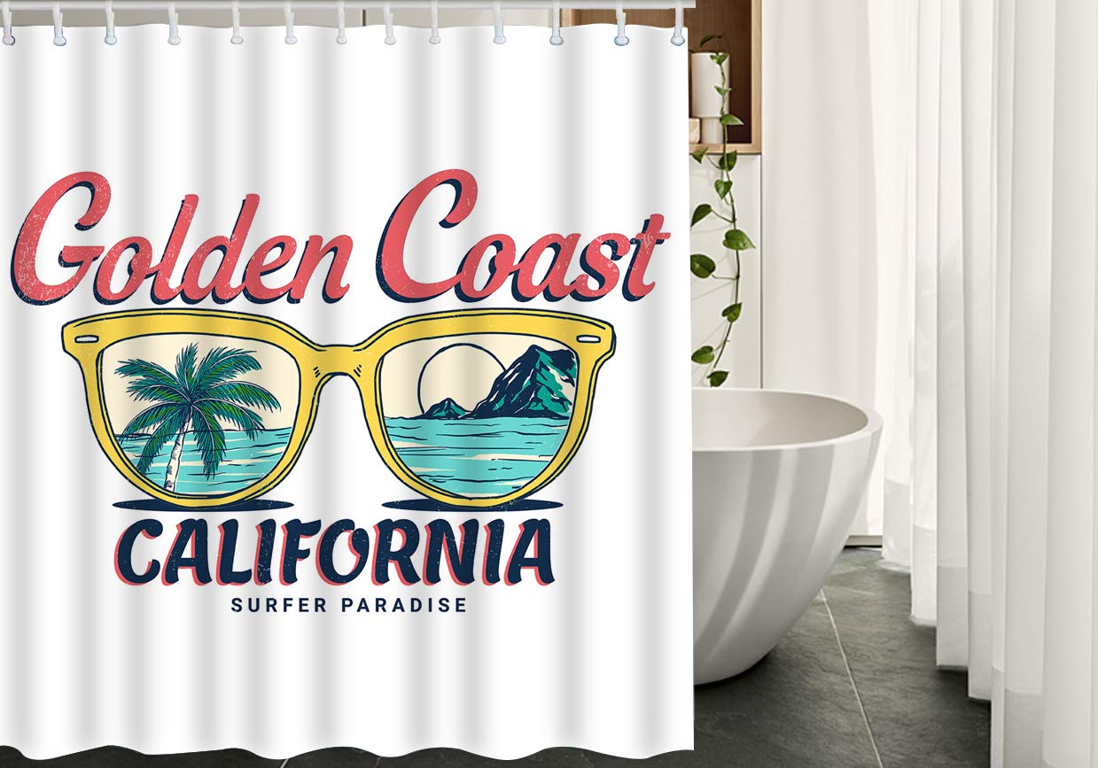 California Golden Coast Beach Shower Curtain Set - 72x72 Inch Polyester Bathroom Decor with Palm Tree, Sunglasses & Ocean Design - Perfect for Coastal, Beach House & Vacation Home Bathrooms