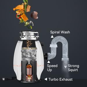 Trifecta 3/4 HP Quiet Garbage Disposal with Sound Reduction Technology - Continuous Feed Food Waste Disposer, 3800 RPM, Includes Power Cord & Dishwasher Hookup (White) - Perfect for Kitchen Sink Waste Management & Dishwasher Drainage