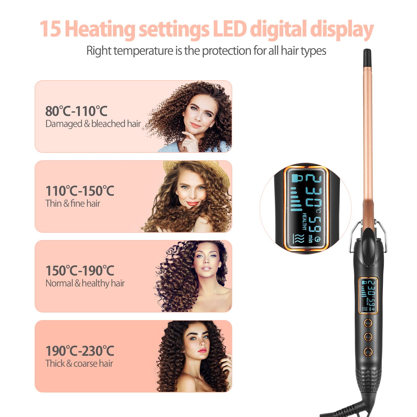 Haglater 3/8 Inch (9mm) Ceramic Curling Wand - Adjustable Temperature Curling Iron for Short & Long Hair - Perfect for Beach Waves, Wedding Hairstyles & Daily Styling