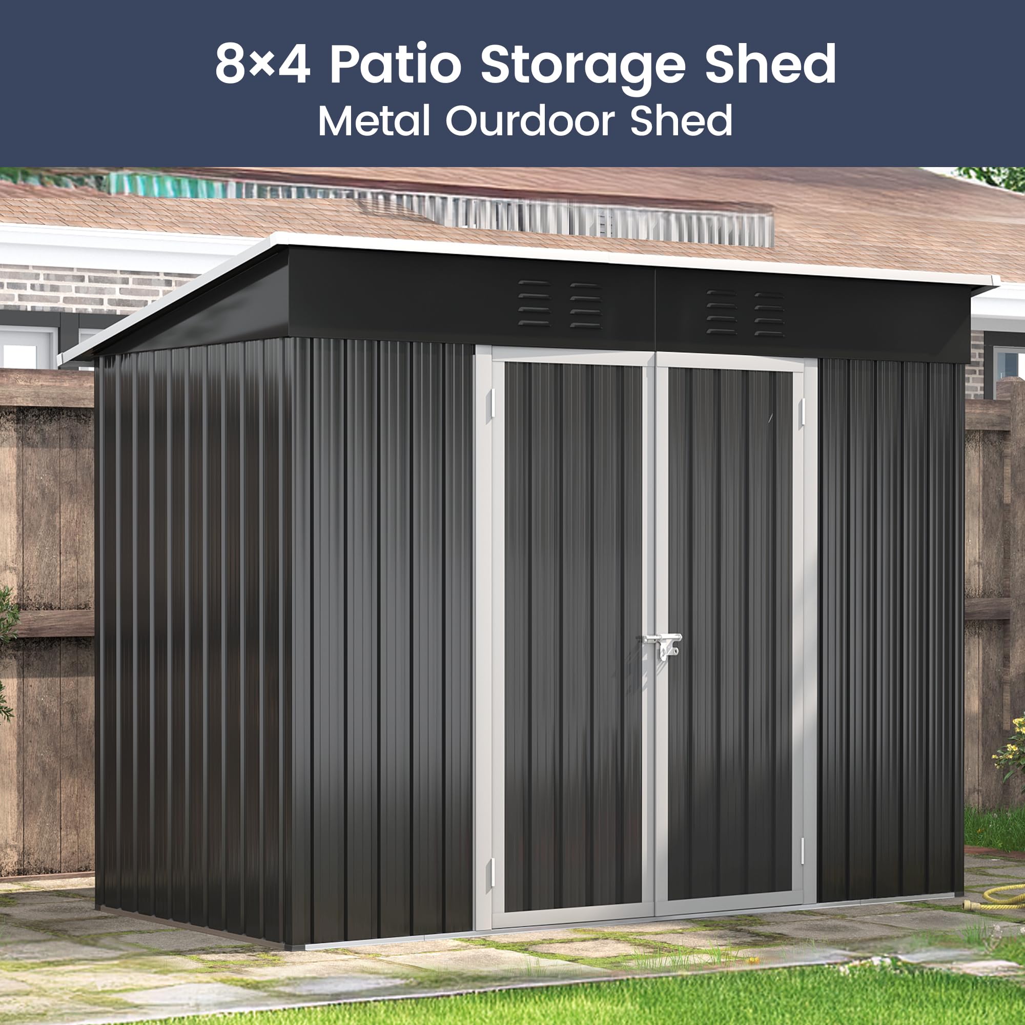 8x4 FT Outdoor Storage Shed - Galvanized Steel Metal Tool Shed with Lockable Door for Patio, Yard & Lawn - Perfect for Storing Bikes, Lawnmowers & Garden Equipment (Dark Grey)