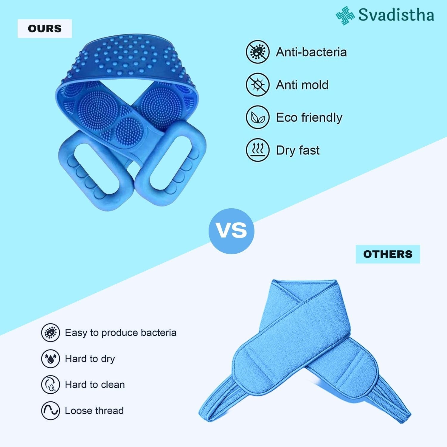 SVADISTHA Silicone Body Scrubber - Double-Sided Exfoliating Brush for Deep Cleaning & Massage - Shower & Bath Use (Blue)