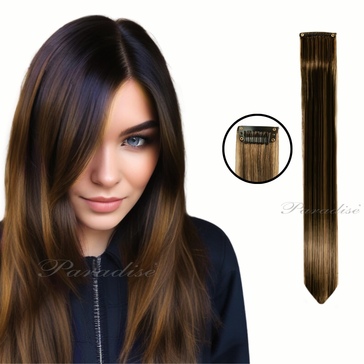 Paradise® 22 Inch Brown & Golden Highlights Clip-in Hair Extensions - 4 Pack Straight Synthetic Hair Wefts for Women & Girls - Two-Tone Funky Party Hair Accessories for Cosplay, Halloween & Special Occasions