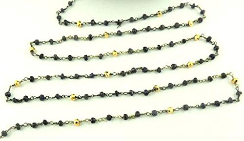 LKBEADS 10ft Iolite & Gold Pyrite Black Wire Wrapped Beaded Chain - Handmade Jewelry Making Supplies for Necklaces, Bracelets & DIY Crafts - HIGH-14487