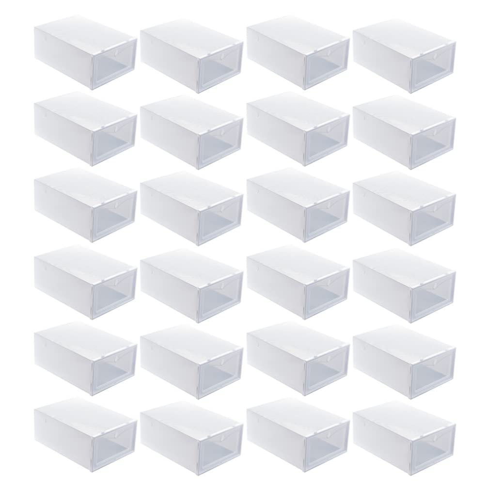 24-Pack Stackable Shoe Storage Boxes - Clear Plastic Collapsible Sneaker Organizers for Closet & Under Bed - Space Saving Shoe Box Containers (White) - Perfect for Home, Dorm, and Office Organization
