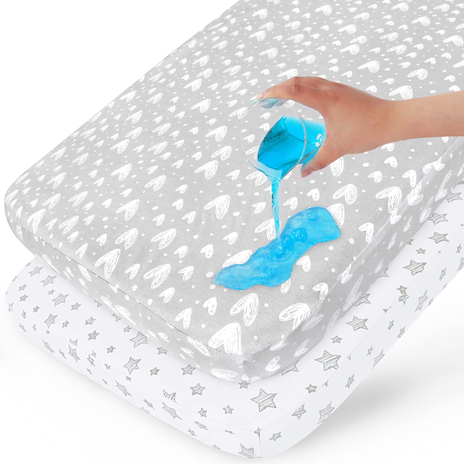 Waterproof Pack and Play Fitted Sheets 2 Pack - 100% Cotton Mini Crib Mattress Cover Protector 38