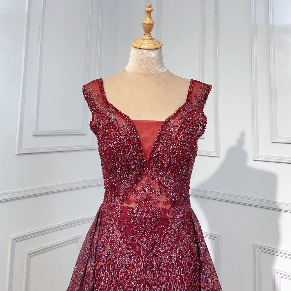Serene Hill 2025 Wine Red Beaded Mermaid Evening Gown with Elegant Overskirt - Women's Luxury Party Dress for Prom, Gala & Formal Events LA71611