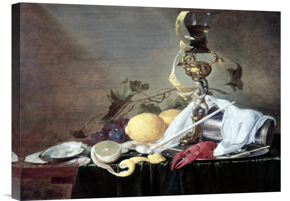 Jan Davidsz De Heem Lobster Oyster & Lemon Canvas Wall Art Print - Gallery Wrap Giclee Reproduction - Home & Office Decor