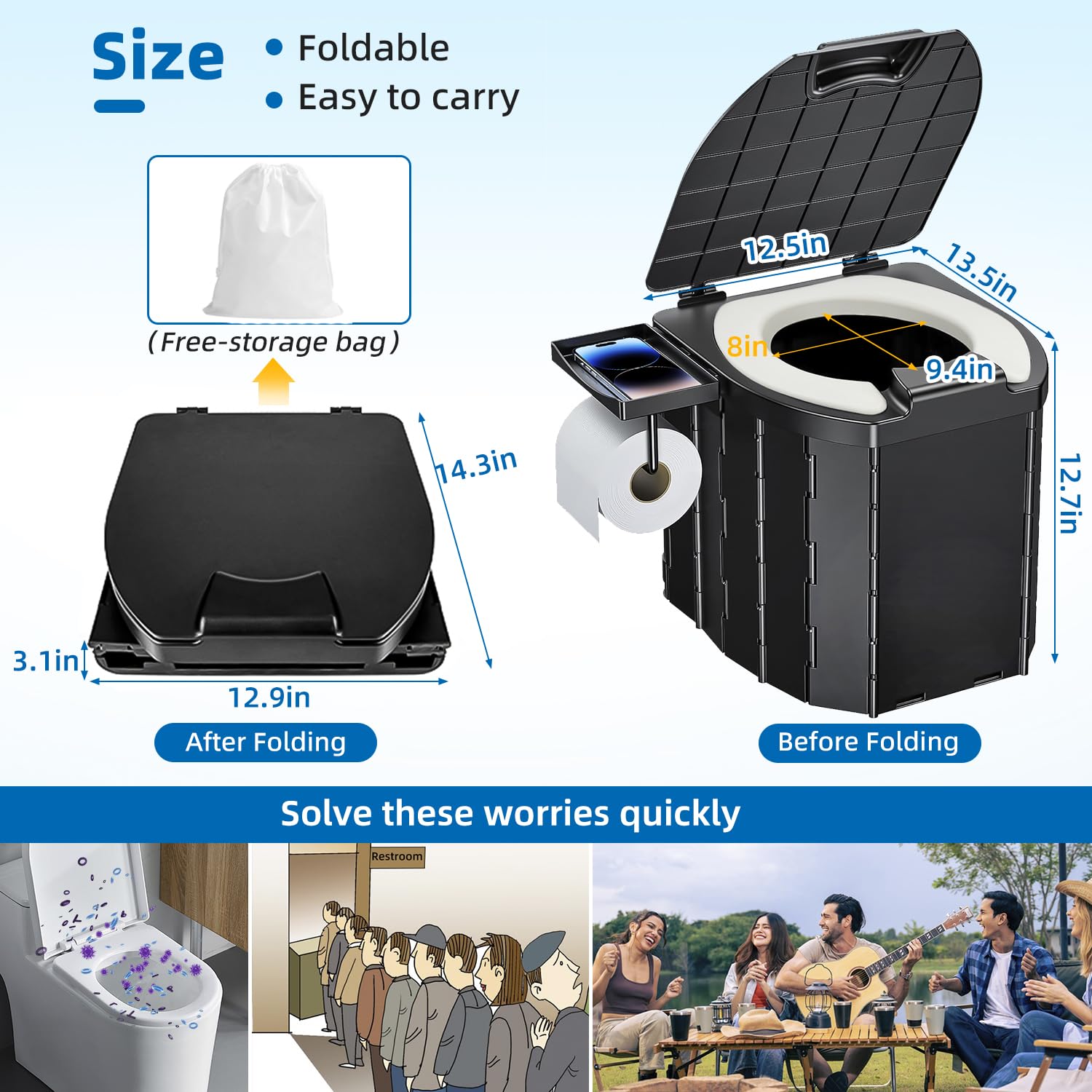 Portable Camping Toilet for Adults - Foldable Travel Toilet with Lid & Removable Paper Holder - Ideal for Hiking, Road Trips, Cars, Tents & Truck Drivers - Perfect Outdoor Emergency Toilet Solution