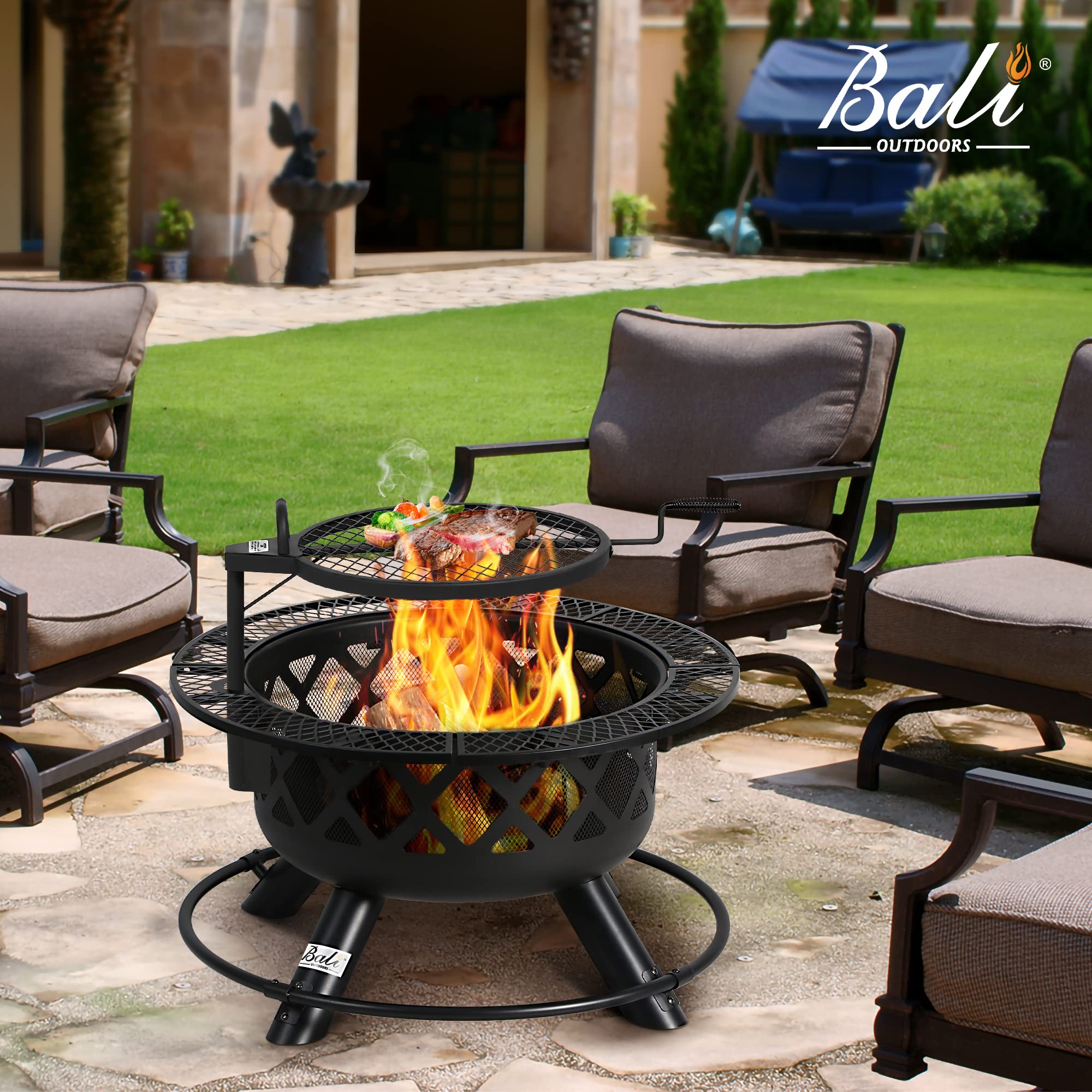 BALI OUTDOORS 32-Inch Wood Burning Fire Pit with Poker & Grill - Heavy Duty Steel Outdoor Fire Pit for Patio, Backyard, Camping - Perfect for Roasting Marshmallows & Outdoor Gatherings