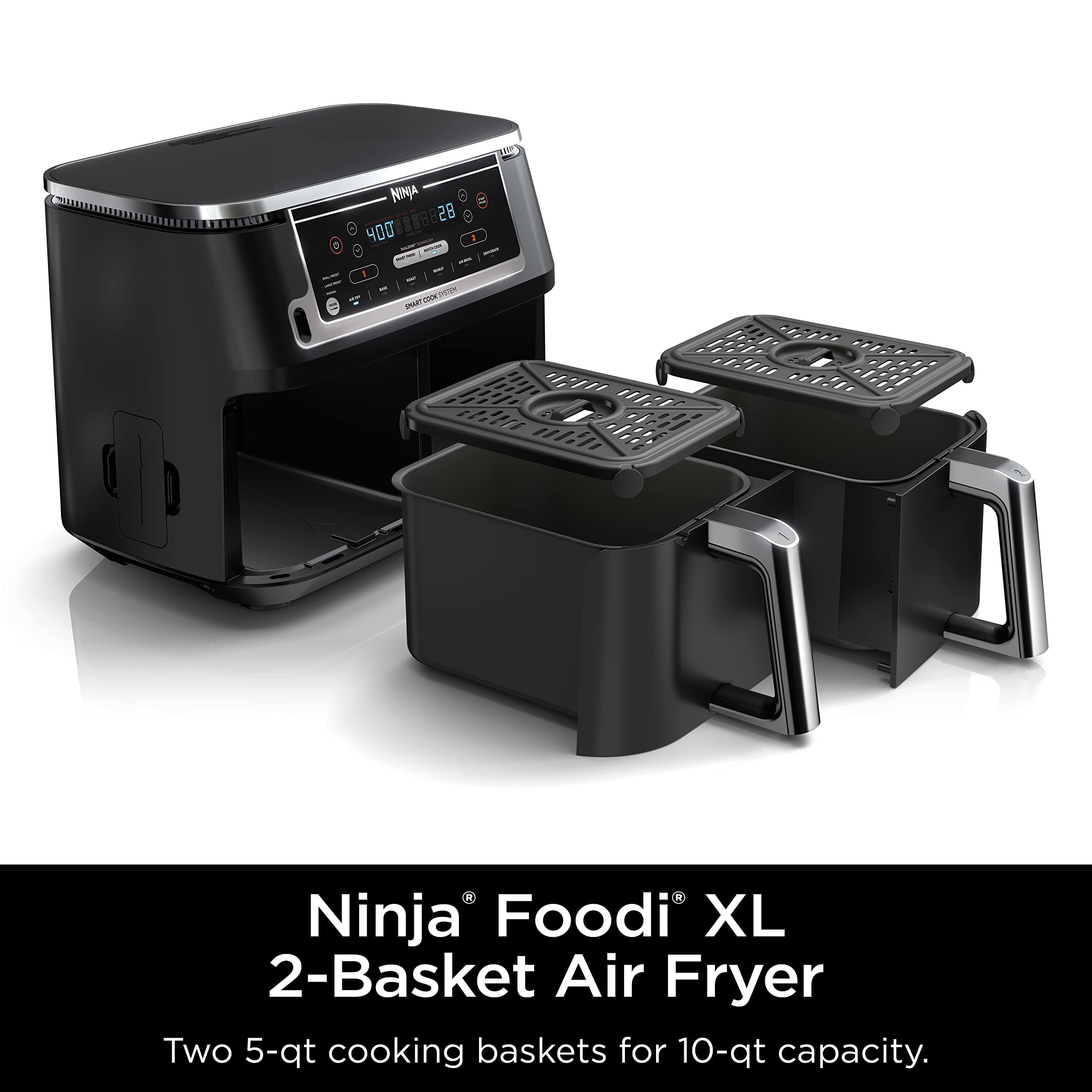 Ninja DZ550 Foodi 10 Quart 6-in-1 DualZone Smart XL Air Fryer with 2 Independent Baskets - Smart Cook Thermometer, Match Cook & Smart Finish - Roast, Dehydrate, Bake, Air Fry - Perfect for Family Dinners, Meal Prep & Healthy Cooking - Grey