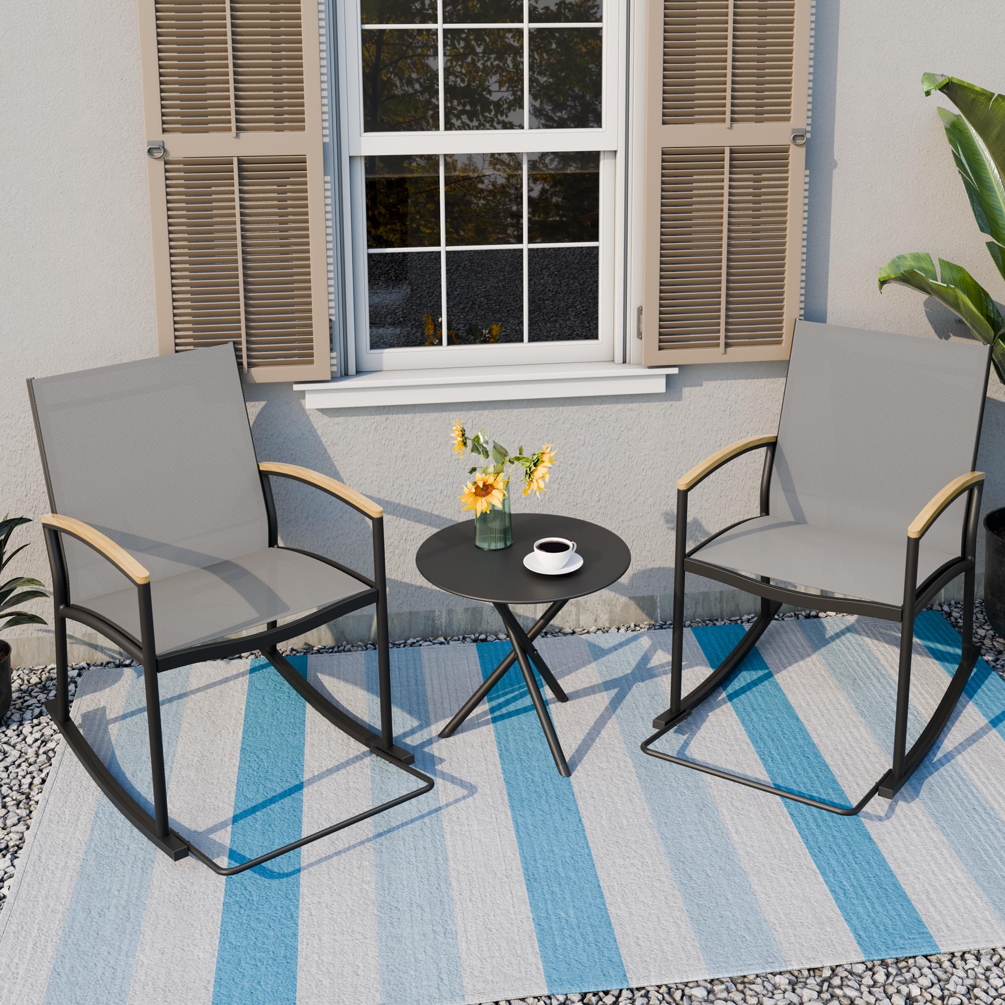 SUNLEI 3-Piece Outdoor Patio Bistro Set - Rattan Rocking Chairs & Black Coffee Table Conversation Set (Dark Grey) - Perfect for Garden, Balcony, and Backyard Relaxation