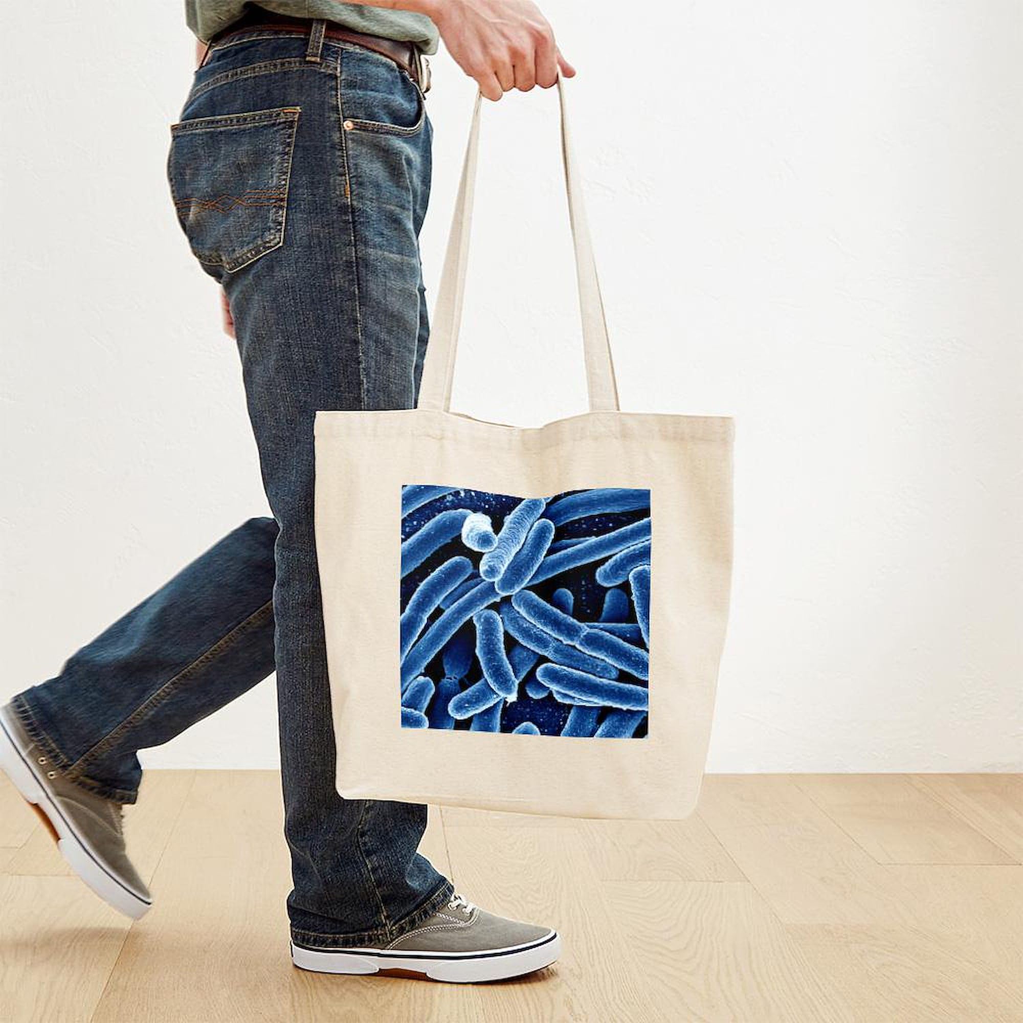 Escherichia Coli Bacteria SEM Print Reusable Canvas Tote Bag - Eco-Friendly Natural Shopping Bag for Groceries, Beach & Daily Use