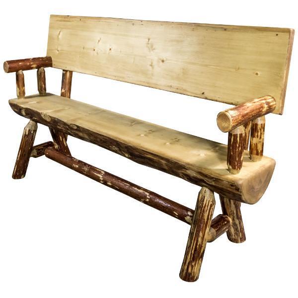 Glacier Country Half Log Bench with Back & Arms - Rustic Outdoor Wooden Seating for Garden, Patio & Backyard Relaxation