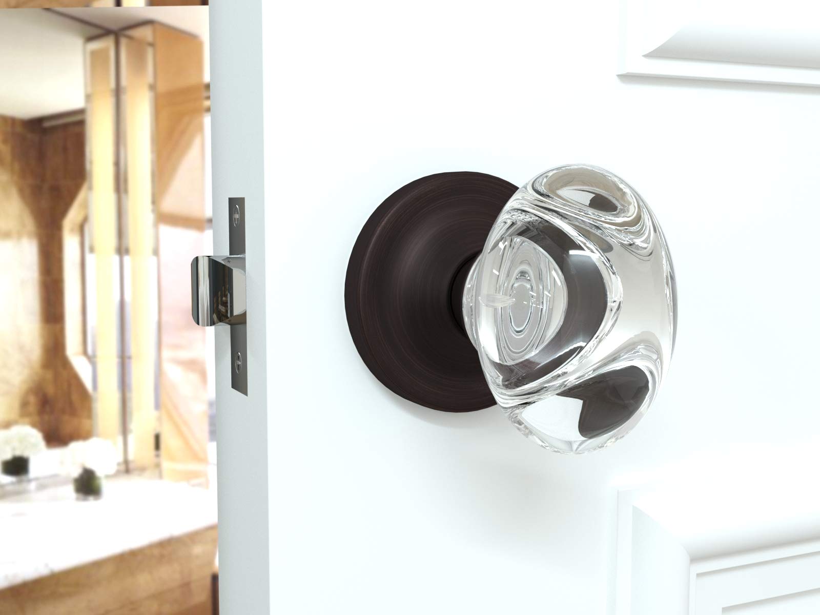 (6 Pack) Venetian Bronze Privacy Oval Egg Crystal Door Knobs with Round Rosette - Elegant Cabinet & Closet Hardware for Bedroom, Bathroom, and Interior Doors