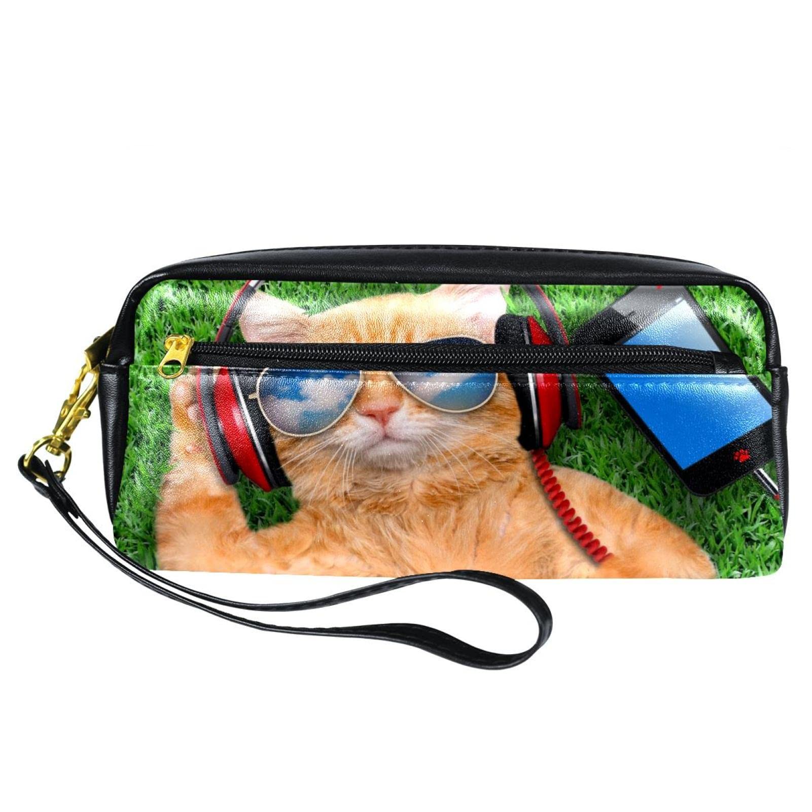 Cat Sunglasses Pencil Case - PU Leather Zipper Pouch for School & Office