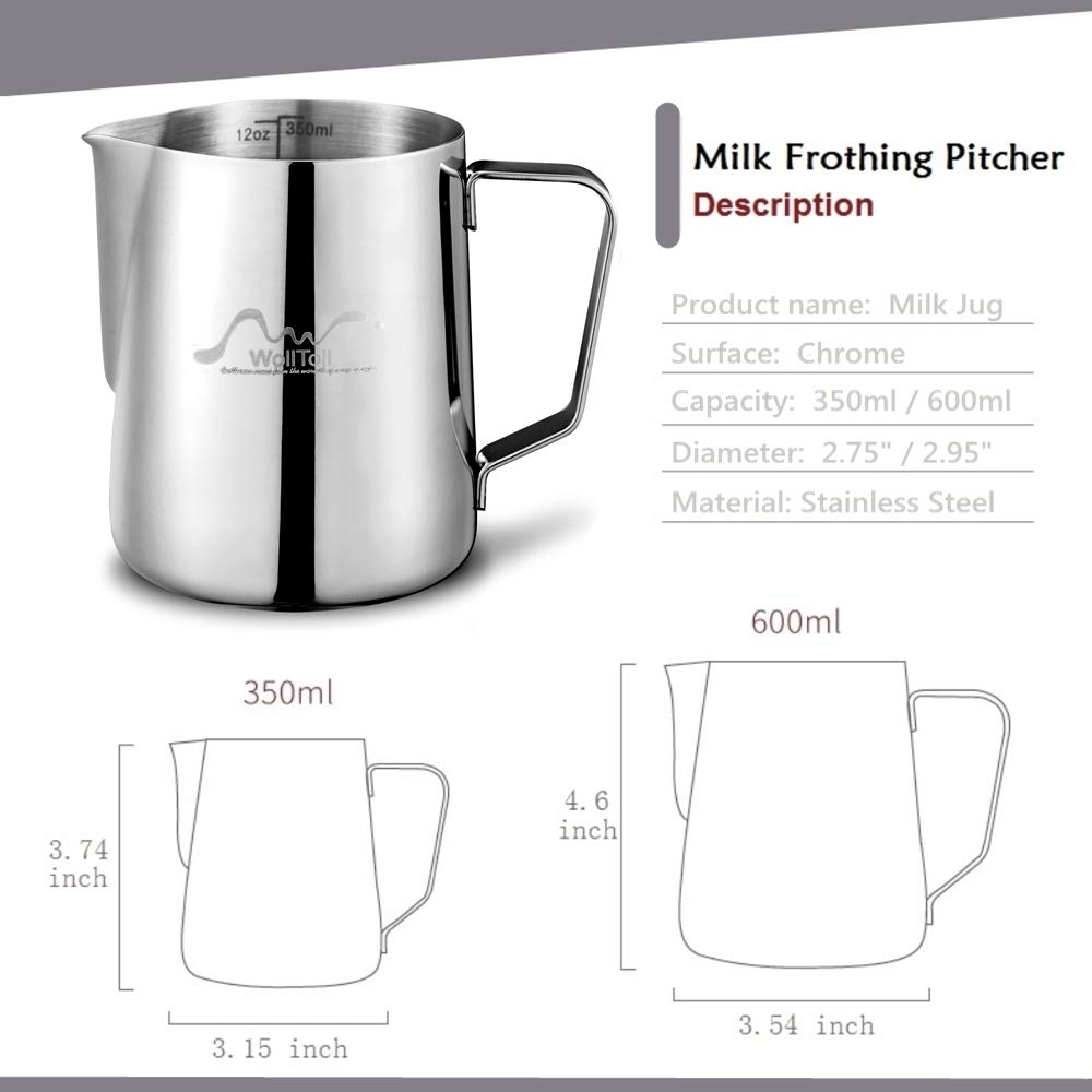 Premium Stainless Steel Milk Frothing Pitcher - 12 oz (350 ml) & 20 oz (600 ml) Options - Barista-Grade for Lattes, Cappuccinos & Hot Chocolate - Chrome Finish - Ideal for Home & Professional Coffee Shops