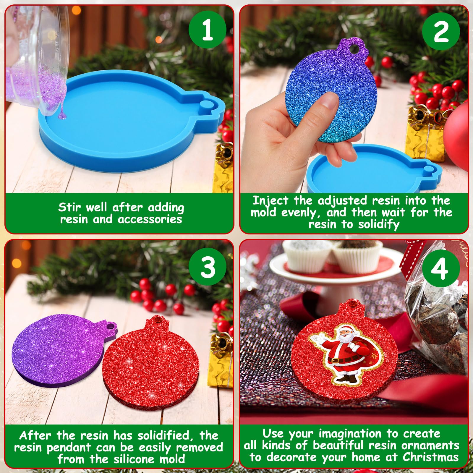 FEBSNOW 8PCS Christmas Ornament Resin Molds - Round Silicone DIY Craft Molds with Strings for Epoxy Pendant Casting - Holiday Xmas Home Decor (Blue) - Perfect for DIY Gifts, Tree Decorations & Festive Craft Projects