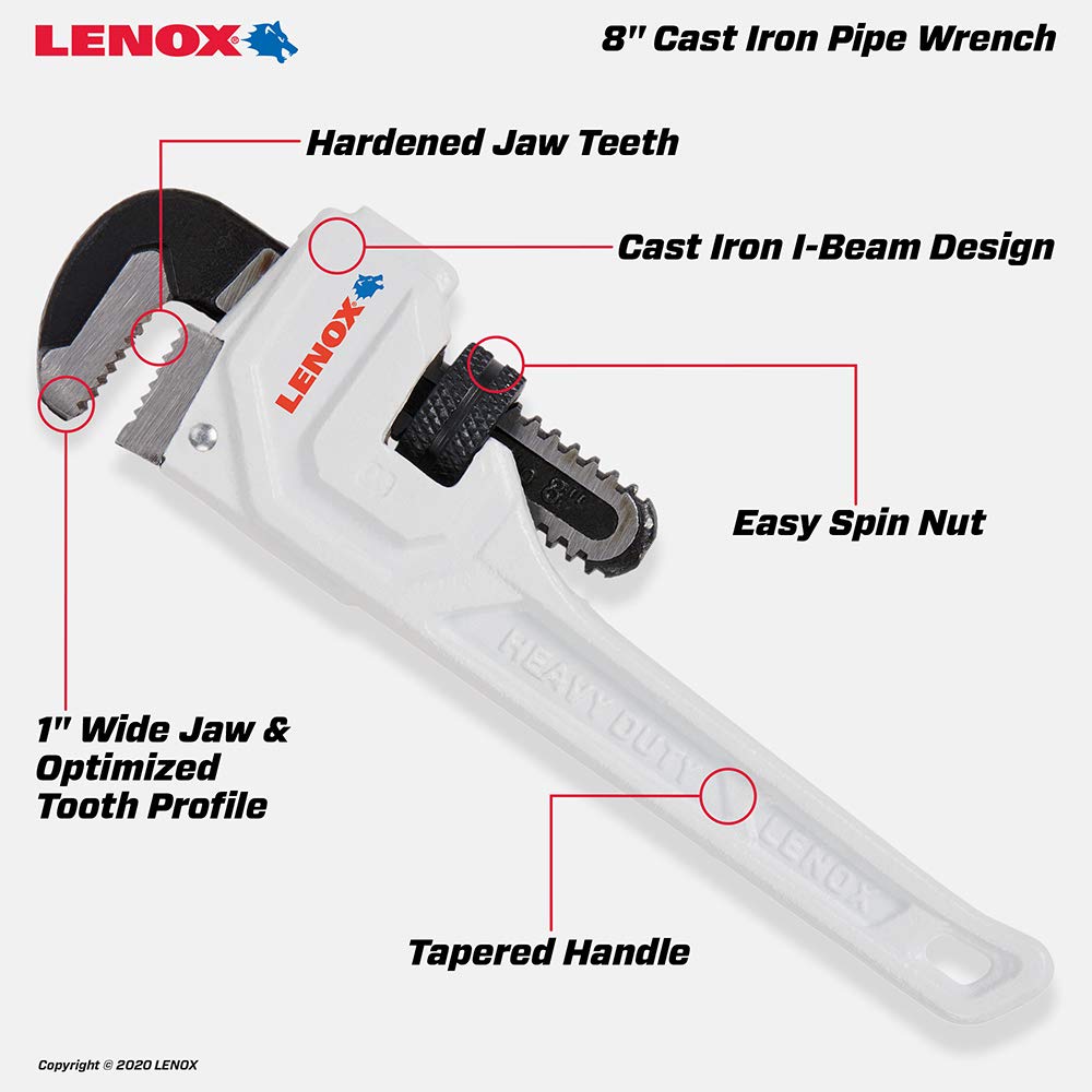 LENOX TOOLS LXHT90708 8-Inch Cast Iron Pipe Wrench - Heavy Duty Plumbing Tool for Home Repairs & DIY Projects