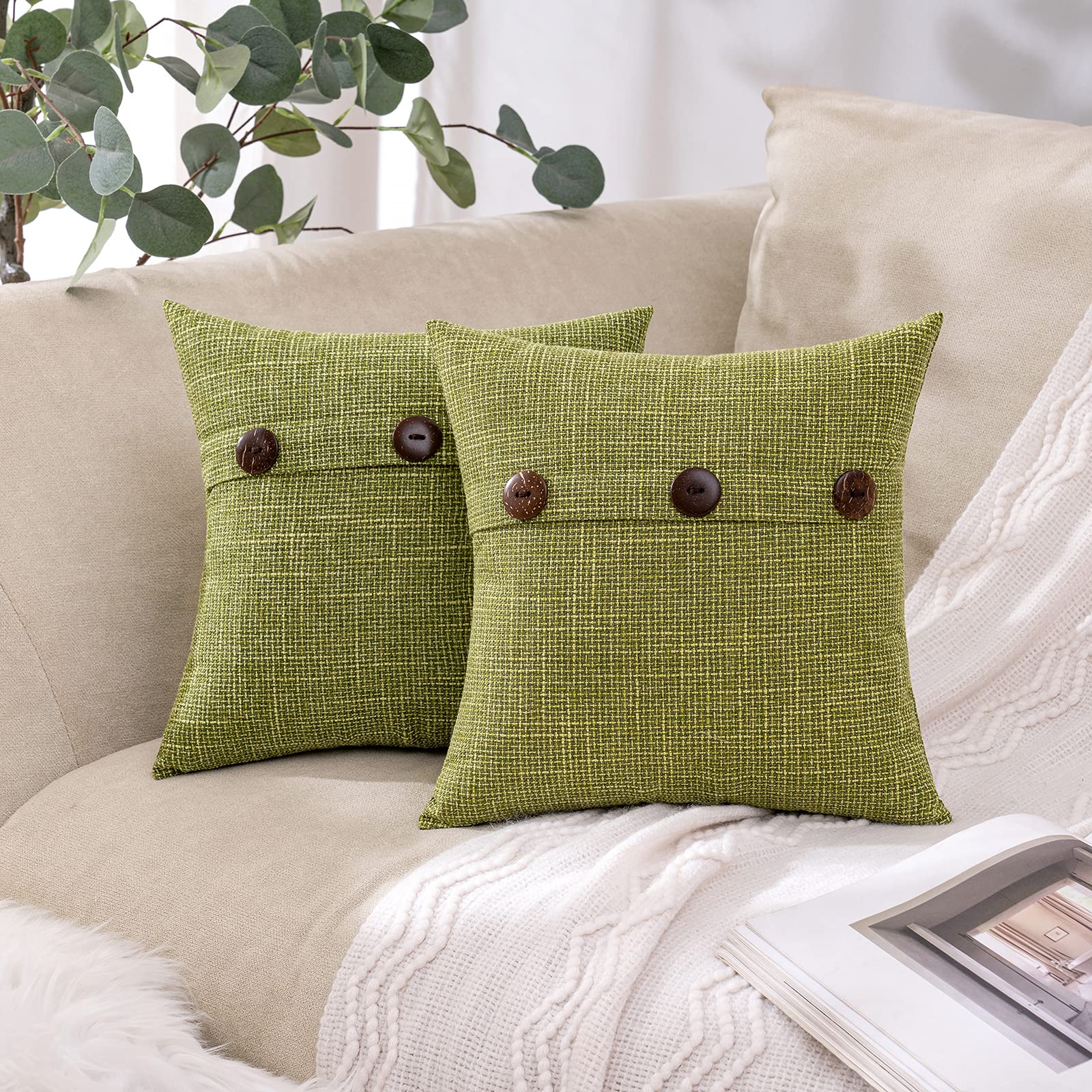 MIULEE Set of 2 Vintage Farmhouse Linen Throw Pillow Covers - 12x12 Inch Green Decorative Cushion Cases with Triple Button Closure for Couch, Sofa & Bed - Perfect for Living Room, Bedroom & Home Decor