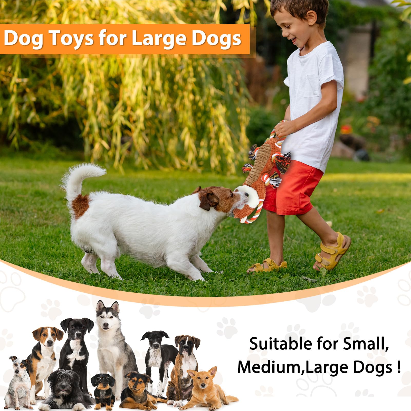Durable Rope-Infused Squeaky Dog Toys for Large Breeds - Interactive Tug of War Puppy Toy with Plush Cover - Tough Chew Toys for Small, Medium & Big Dogs - Perfect for Playtime, Training & Bonding