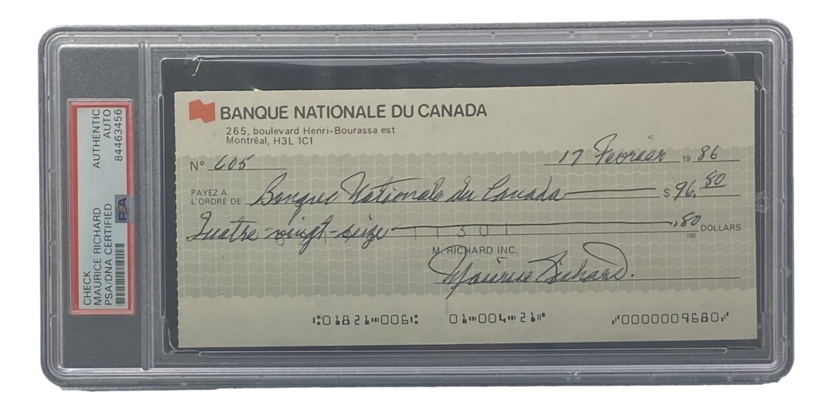 Authentic Maurice Richard Signed Montreal Canadiens Bank Check #605 - PSA/DNA Certified - Rare Hockey Memorabilia for Collectors & Sports Fans - Perfect for Framing & Display in Man Caves, Sports Bars, or Fan Collections