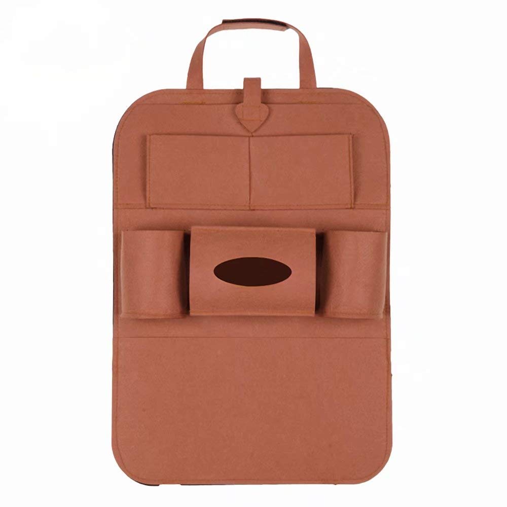 Car Seat Organizer with Kick Mat Protector - Multi-Pocket Backseat Storage Bag for Kids, Brown | Perfect for Road Trips, Family Travel & Keeping Your Car Organized