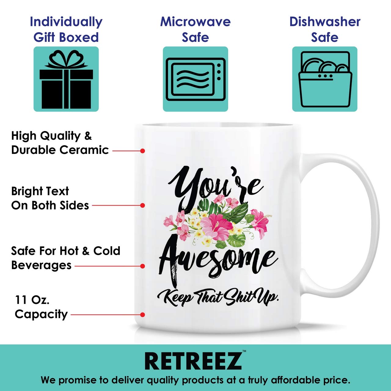 Retreez Funny Ceramic Coffee Mug - 11 Oz 'You're Awesome Keep That Shit Up' Motivational Gift for Friends, Coworkers, Family - Perfect for Office, Home & Birthday Celebrations