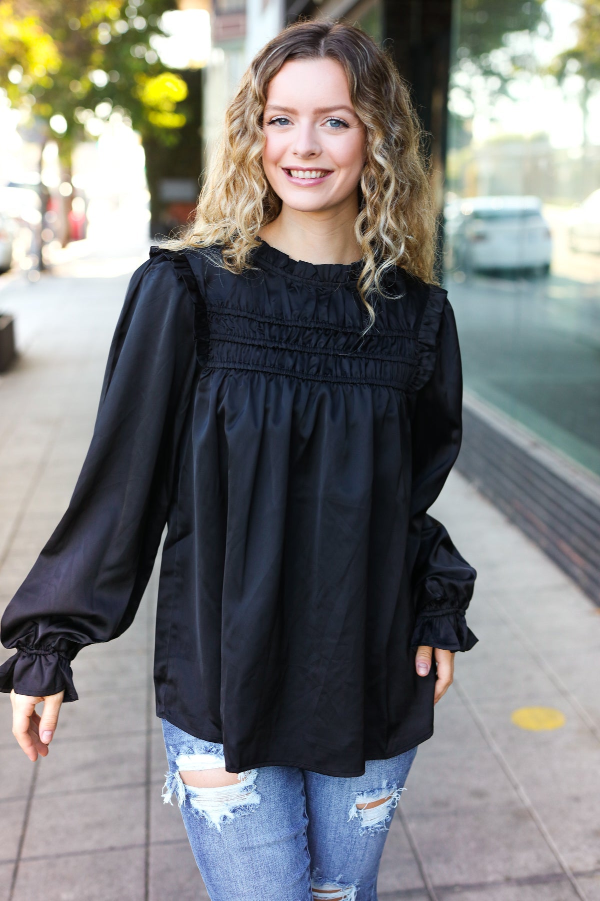 Black Satin Shirred Yoke Frilled Mock Neck Top for Women - Elegant Party & Evening Wear