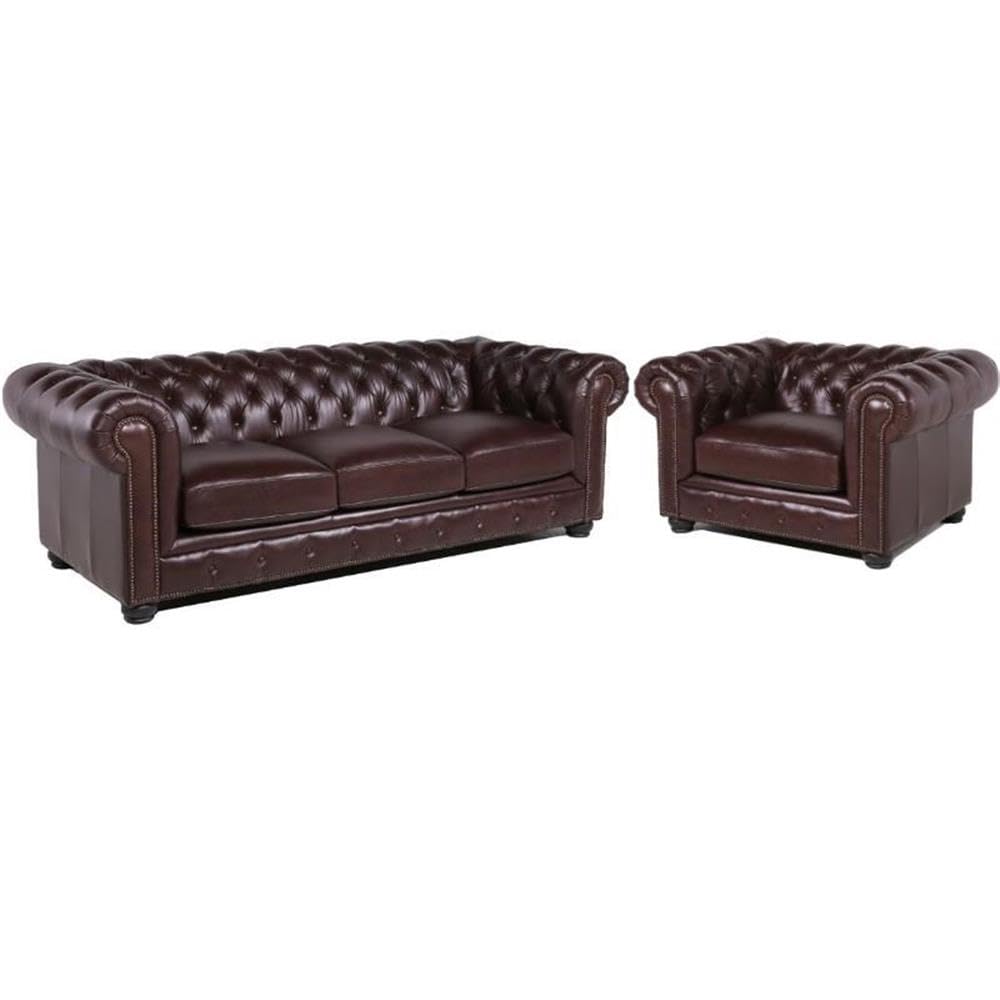 Luxury Brown Leather Chesterfield Accent Chair and Sofa 2-Piece Set for Living Room - Classic Home Square Furniture for Office, Lounge & Library Decor