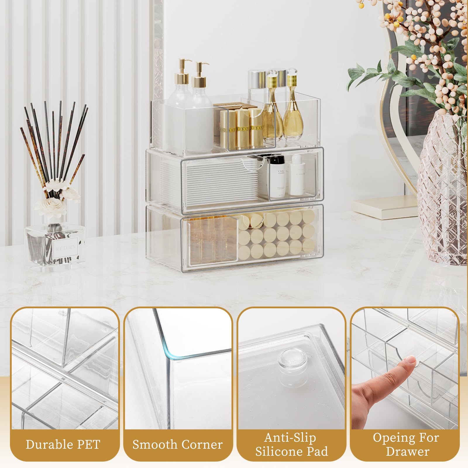 3-Tier Stackable Medicine Cabinet Organizer with Removable Dividers | Clear Plastic Bathroom Storage for Vanity | Perfect for Small Spaces, Apartment Bathrooms & Travel Essentials Organization