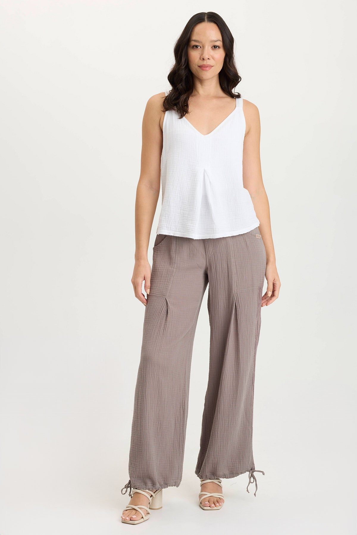 Lenka Gauze Cinched Wide Leg Pants - Women's Boho Linen Palazzo Pants for Summer, Beach & Yoga - Comfortable Elastic Waist Lounge Pants