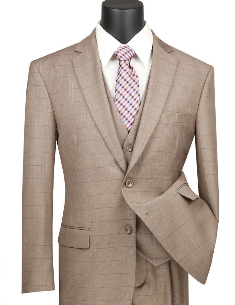 Vinca Collection Men's Tan Glen Plaid 3-Piece Suit Set - Regular Fit Formal Wear for Business, Weddings & Special Occasions